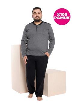 Erkek Koyu Gri 3 Düğmeli Göğüs Cepli Mevsimlik Uzun Kol %100 Pamuk Büyük Beden Cepli Pijama Takımı