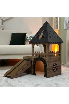 Büyülü Kedi Evi - Gizli Odalı İki Katlı Merdivenli Şato | Meşe Siyah Kedi Oyun Evi