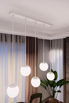 Dora Modern Sıralı Avize - Beyaz Metal, Beyaz Cam, 5'li Sarkıt, E27 Duy, Yemek Masası Aydınlatması