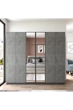 New Home 6 Kapaklı Çekmeceli Aynalı Gardırop Elbise Dolabı Beton Hm3-rg