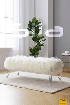 Şila Bench Beyaz Peluş - Silver Ayaklı 90 Cm