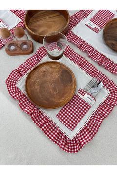 2Li Cepli Ham Keten Kareli Fırfır Detaylı Amerikan Servis/ Supla