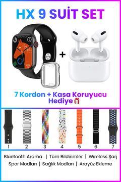 HX 9 SUİT SET Akıllı Saat 7 Kordon ve Bluetooth Kulaklık + Silikon Kasa Koruyucu Hediyeli