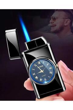 Özel Yapım Saatli Lüks Çakmak Turbo Işıklı Rüzgara Dayanıklı Siyah Çakmak