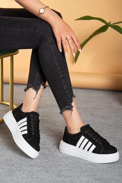 Kadın Günlük Kalın Taban Bağcıklı Siyah Beyaz Çizgi Şerit Detaylı Garantili Sneaker Spor Ayakkabı