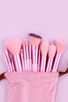 13'lü Pembe Kadife Keseli Profesyonel Makyaj Fırçası seti