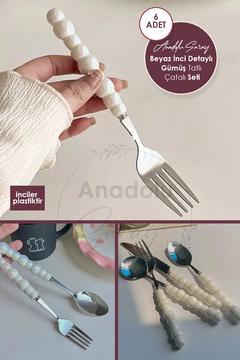 6 Adet Beyaz Plastik İnci Taş Detaylı Gümüş Tatlı Çatal Takımı | 6 Parça Lüks Tatlı Çatal Takımı