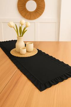 Naturel Siyah Fırfırlı Keten Runner - 40x150 cm