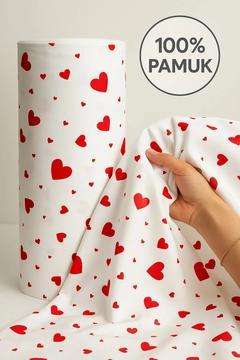 %100 Pamuk Kırmızı Kalpli Poplin Kumaş En: 240 cm Nevresim, Çarşaf, Yastık Kılıfı, Elbise ve Çanta
