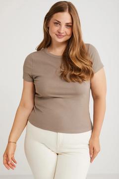 Hanny Kadın Büyük Beden Regular Fit Bisiklet Yaka Basic Kaşkorse Vizon Büyük Beden T-shirt