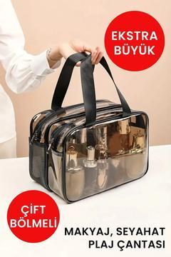 Şeffaf Çift Bölmeli Seyahat Kozmetik Makyaj Çantası (30*22*16 CM EBATLARINDA)