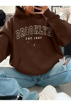 Brooklyn 1997 Kalın Kışlık Sweatshirt - Kahverengi Baskılı Oversize Şardonlu Cepli Kapüşonlu