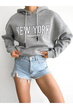 Unısex Gri New York Baskılı 3 Iplik Şardonlu Kapüşonlu Oversize Hoodie Sweatshirt