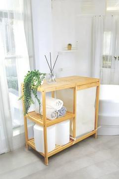 Bambu 3 Raflı Kumaş Sepetli Banyo Düzenleyici Kirli Çamaşır Sepeti D/8 JW-22750