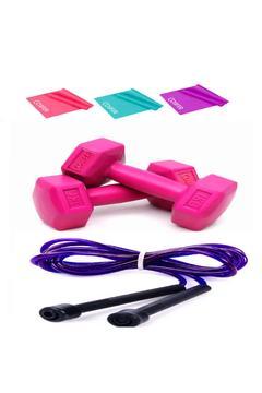 Pilates,egzersiz Seti( 1 Kg *2 Adet Dambıll,3'lü Pilates, Direnç Bandı 120*7,5 Cm,1 Adet Atlama Ip