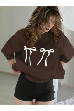 Kurdeleler Tişört - Kahverengi Baskılı Oversize Yazlık Kısa Kol T-Shirt Bisiklet Yaka