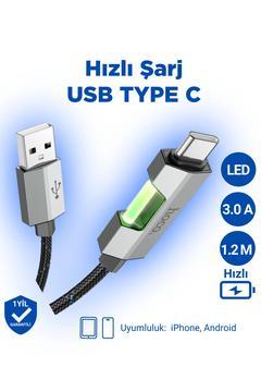 U123 3a Led Işıklı Type-c To Usb Iphone Android Uyumlu Hızlı Şarj Veri Kablosu Siyah 1.2 Metre
