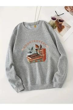 Kitap Baskılı Gri Sıfır Yaka Sweatshirt