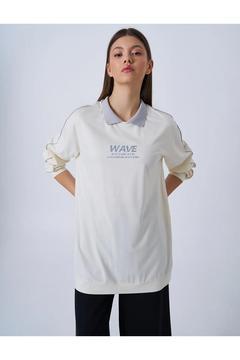 Polo Yaka Baskılı Sweatshirt Ekru