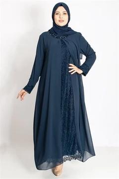 Lace Detailed Chiffon Evening Dress Navy Blue MDA2204