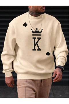 K Maça Taç Noktalı Kalın Kışlık Sweatshirt - Bej Baskılı Oversize Şardonlu Bisiklet Yaka