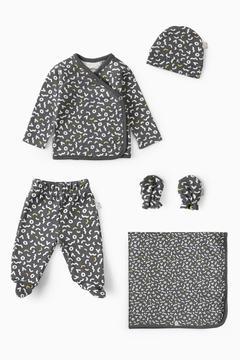 %100 Pamuk Bebek 5'li Hastane Çıkış Seti Memphis Antrasit