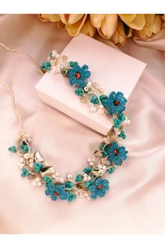 Mavi Unutma Beni Çiçekli İğne Oyalı Cam Boncuklu Kolye