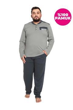 Erkek Gri Füme 3 Düğmeli Göğüs Cepli Mevsimlik Uzun Kol %100 Pamuk Büyük Beden Cepli Pijama Takımı