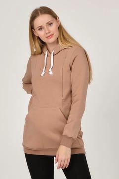 Hamile Emzirme Detaylı Termal Kapüşonlu Sweatshirt Bej