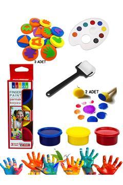Südor 3x30 ml Parmak Boyası, 2li Ponpon,3 Adet Eva Baskı, Sünger Rulo Fırça, Palet Çocuk Boyama Seti