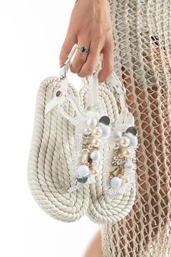 Hasır Parmak Arası Tüllü Taşlı Deniz Kabuklu Kadın Halat Ipli Sandalet - Beyaz