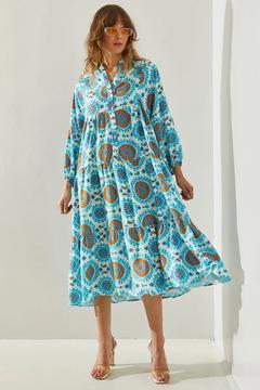 Kadın Etnik Desenli Kol Lastikli Düğme Detaylı 3754 Elbise 60251402