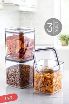 1 Lt Sızdırmaz Kapak, Silikon Contalı Kare 3'lü Saklama Kabı Seti