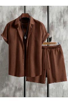 Erkek Kahverengi Kısa Kollu Gömlek Şort Bürümcük Takım