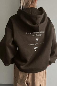 Unisex Kahverengi Kapüşonlu Love Yourself Sırt Baskılı Oversize Sweatshirt