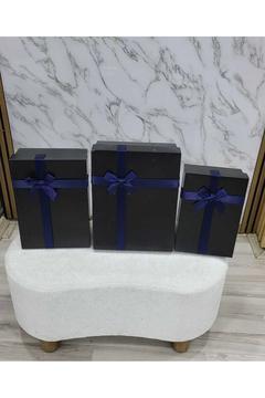 Büyük Boy Siyah 3'lü Takım Kutu Kurdeleli MAVİ Sert Hediye Kutusu Damat Gelin Çeyiz Bohça Kutusu