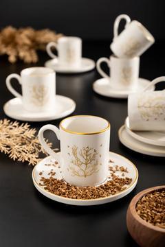 Porselen 6 Kişilik 12 Parça Beyaz Hayat Ağacı Desenli Kahve Fincanı Seti - Türk Kahvesi Fincanı