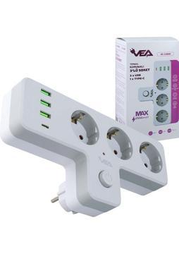 Vea VE-23088 3x USB 1x Type-C Pd 3'lü Çocuk ve Termal Korumalı Anahtarlı Grup Priz