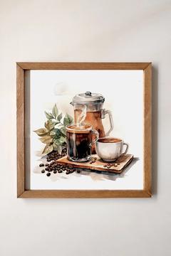 Ahşap Çerçeveli, Sulu Boya Efektli Kahve Sunumu, Sıcak Kahve, Türk Kahvesi