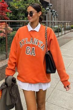 Kadın Bisiklet Yaka Turuncu Atlanta Baskılı Oversize Sweatshirt