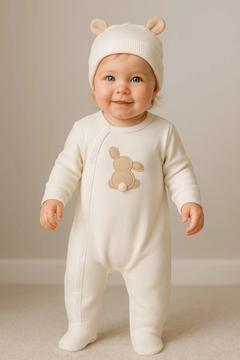 Organik Tavşanlı Tulum Ve Şapka Beyaz