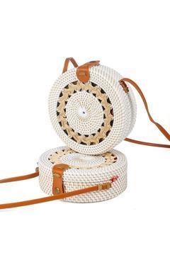 Daisy- Rattan El Yapımı Deri Askılı Hasır Yuvarlak Omuz Çantası Ekru Krem