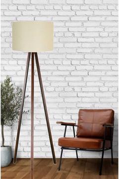 Üç Ayaklı Tripod Krem Yuvarlak Kumaş Silindir Başlık Ahşap 3 Ayaklı Lambader