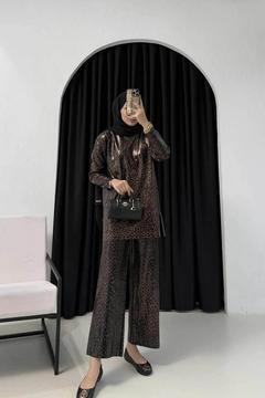 KAHVERENGİ Leopar Varaklı Triko Pantolon 32-7024