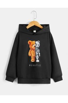 Robotic Bear Pamuklu Çocuk Sweatshirt - Siyah Baskılı Kız Erkek Çocuk Kışlık Cepli Kapüşonlu