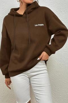 Kadın Pembe Küçük Los Angeles Baskılı Kapüşonlu Oversize Sweatshirt
