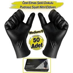 M Beden 50 Adet Elmas Dokulu 25 Çift Siyah Kalın Hijyenik Pudrasız Nitril Muayene Eldiveni