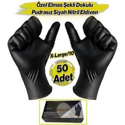 Elmas Dokulu Siyah XL Beden 50 Adet Kalın Hijyenik Pudrasız Nitril Muayene Eldiveni 25 Çift