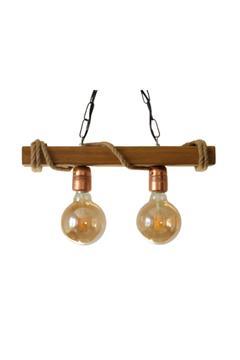 Tasarım Bakır Duylu 2 Li Rustik Nigrum Halatlı Ahşap Avize