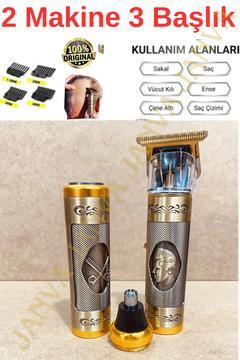 Profosyonel Tıraş Makinesi 2 Makine 3 Başlık Sakal Yanak Burun T Bıçak Ense Çizim Epilasyon Öncesi